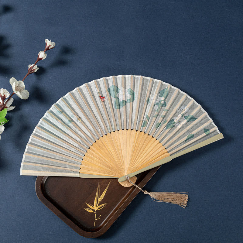 Mythstone Lotus Begonia Flower Jasmine Handheld Bamboo Folding Fan 21cm