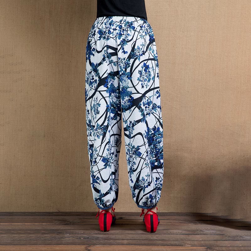 Mythstone Blue Tree Flowers Print Harem Pants With Pockets