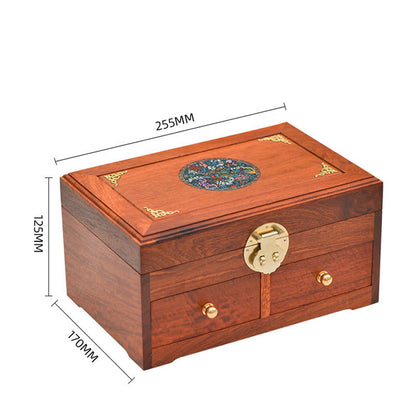 Mythstone Antique Handmade Rosewood Jewelry Storage Box Lockable Large Double Layer Flower Wooden Gift Organizer Box