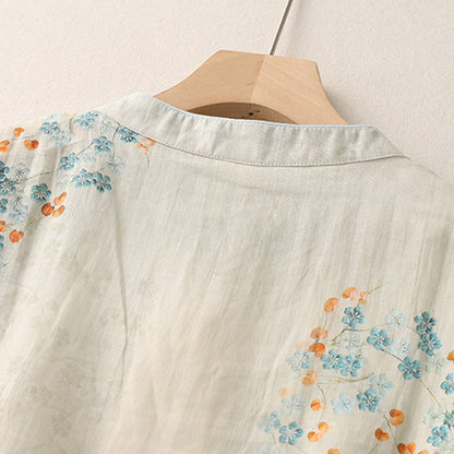 Mythstone Blue Flowers Orange Leaves Frog-Button Three Quarter Sleeve Cotton Linen Shirt