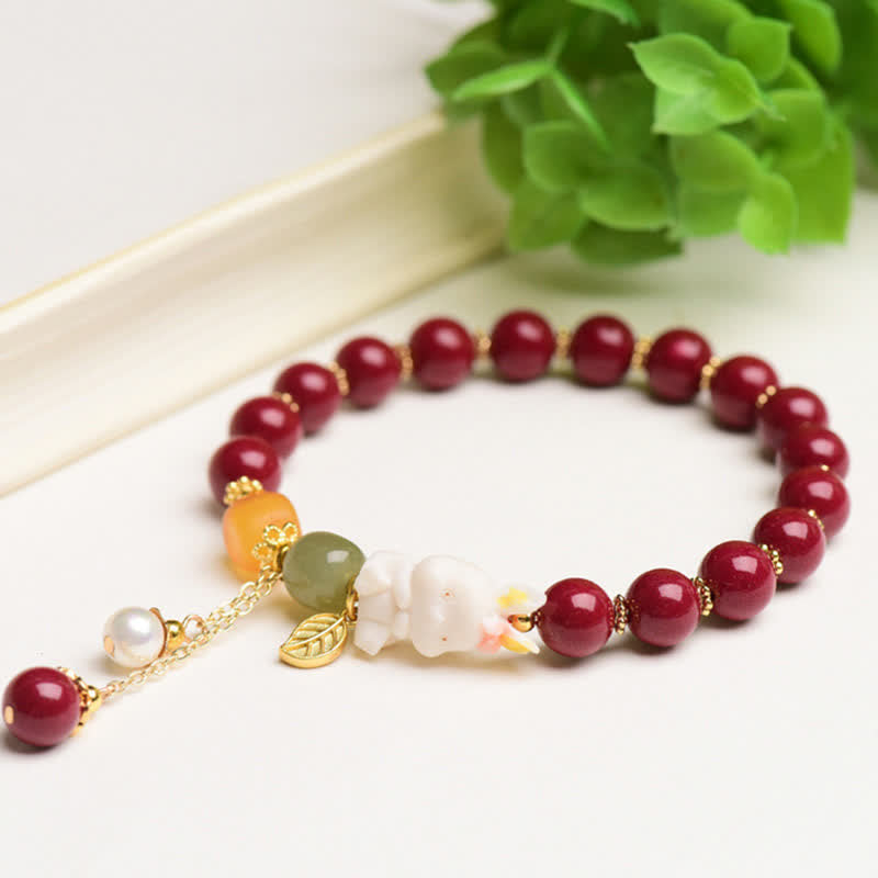 MythStone Year of the Rabbit Cinnabar Hetian Jade Bunny Beaded Blessing Bracelet