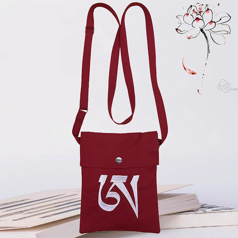 Bolso bandolera de algodón con bordado de mantra OM hecho a mano de Mythstone para practicar la mente espiritual, bolso de hombro, bolso para teléfono móvil