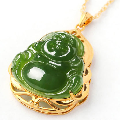 Mythstone 925 Sterling Silver Natural Hetian Cyan Jade Laughing Buddha 18K Gold Healing Necklace Chain Pendant