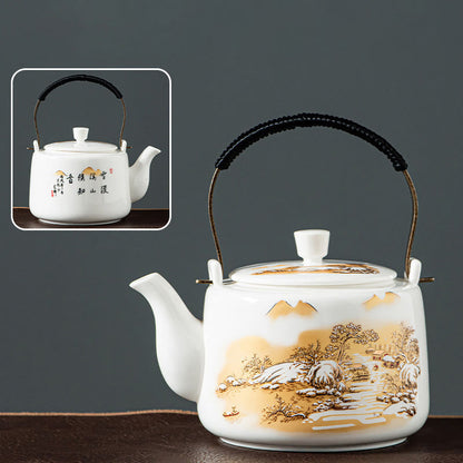 Mythstone Vintage Dragon Mountain Fisherman Landscape White Porcelain Ceramic Kung Fu Teapot