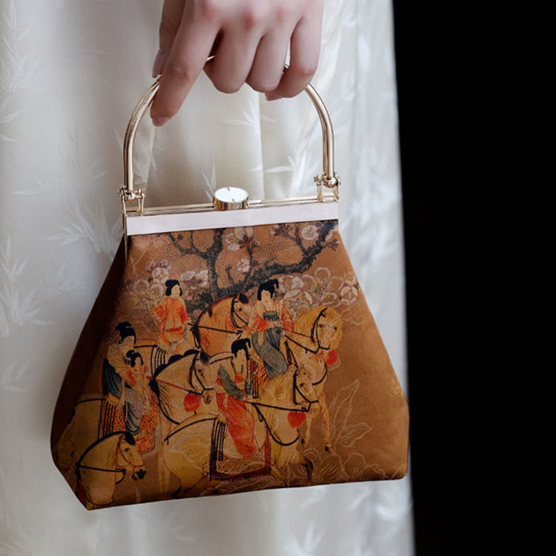 Mythstone Painting of Lady of Guoguo on a Spring Outing Metal Handle Handbag