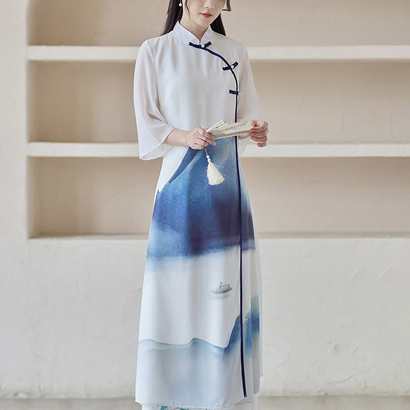 Mythstone Blue Landscape Painting Three Quarter Chinese Cheongsam Midi Dress