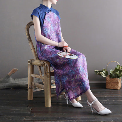 Mythstone Vintage Purple Flower Print Ramie Linen Cheongsam Midi Dress With Pockets