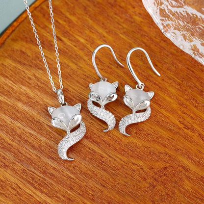 Mythstone 925 Sterling Silver Cat's Eye Cute Fox Support Necklace Pendant Earrings