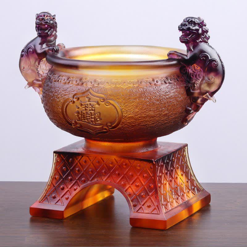 Mythstone Handmade Liuli Crystal PiXiu Treasure Bowl Art Piece Home Decoration