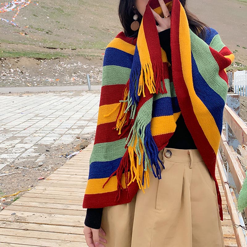 Mythstone Tibetan Colorful Striped Design Shawl Tassels Pullover Winter Cozy Travel Scarf Wrap