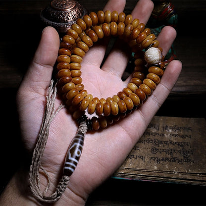 Mythstone Tibet 108 Mala Beads Yak Bone Three-eyed Dzi Bead Keep Away Evil Spirits Bracelet