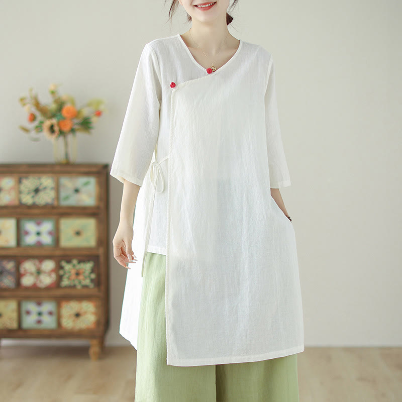 Mythstone Buttons Three Quarter Sleeve Lace-up Shirt Wide Leg Pants Meditation Cotton Linen Clothing