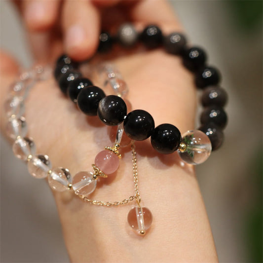 Mythstone Natural Silver Sheen Obsidian Pink Crystal White Crystal Protection Yin Yang Color Couple Bracelet