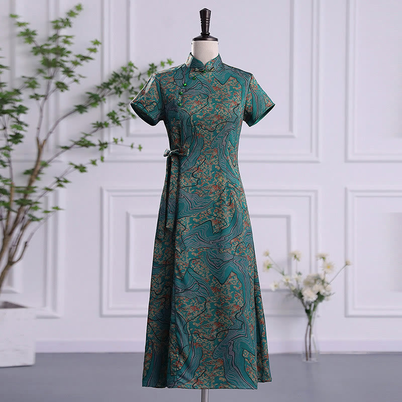 Mythstone Vintage Auspicious Clouds Leaf Print Cheongsam Dress Women's Qipao Dress