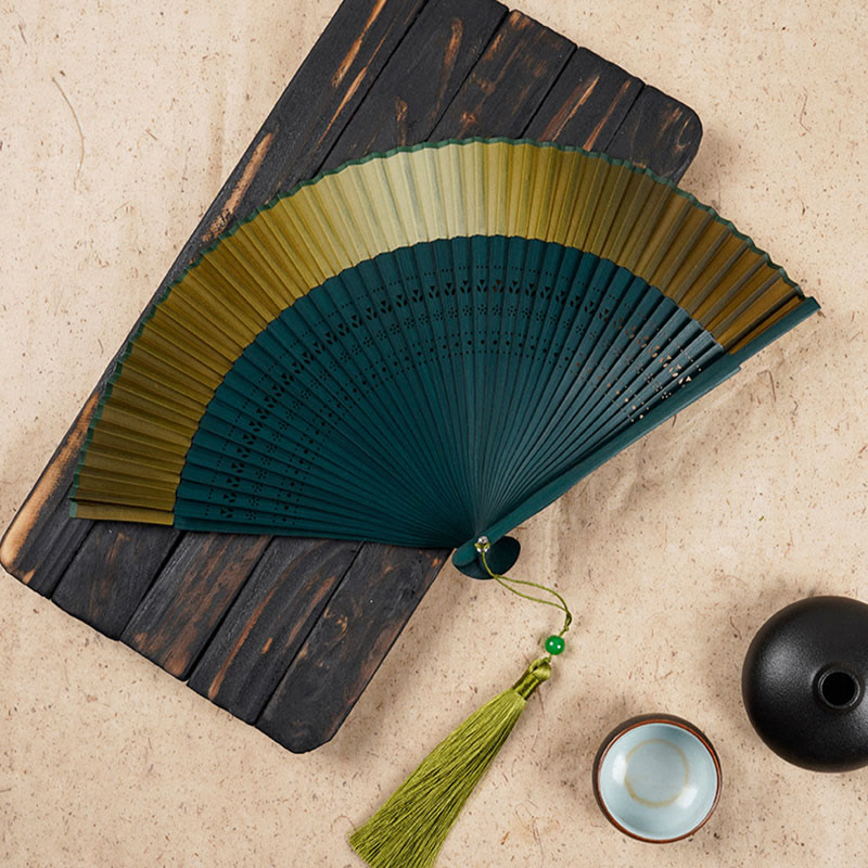 Mythstone Solid Color Gradient Hollow Engraved Handheld Bamboo Folding Fan