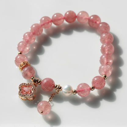 Mythstone Strawberry Quartz Pearl Four Leaf Clover Charm Healing Bracelet