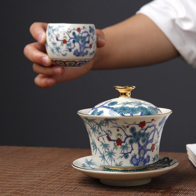 Taza de té de cerámica Gaiwan Sancai con tapa y platillo de kung fu Mythstone Retro Plum Blossom Pine Bamboo Phoenix Kirin 