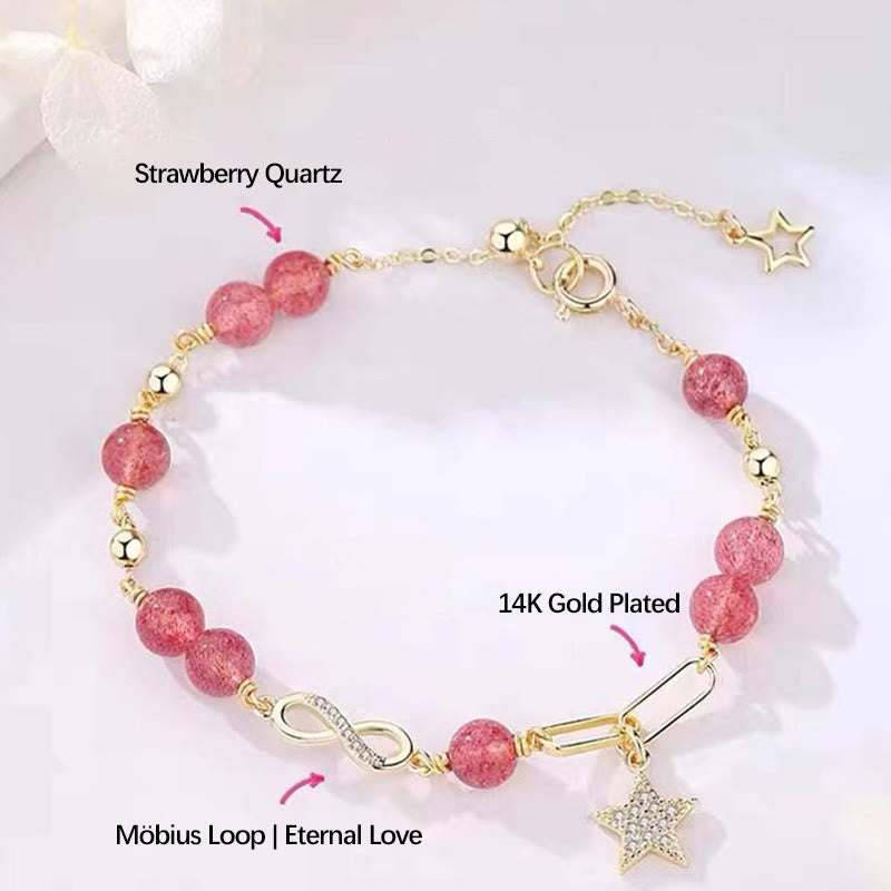 Mythstone 14K Gold Plated Natural Strawberry Quartz Moonstone Möbius Loop Eternal Love Star Positive Bracelet