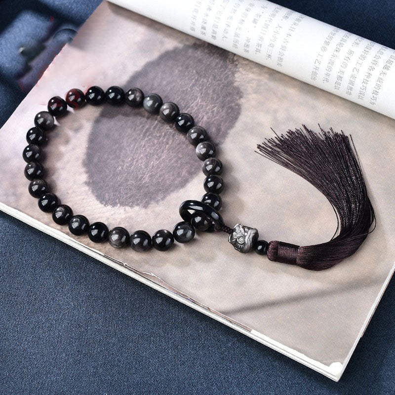 Mythstone Natural Silver Sheen Obsidian Lion Wrist Mala Protection Tassels Pocket Mala Car Decoration