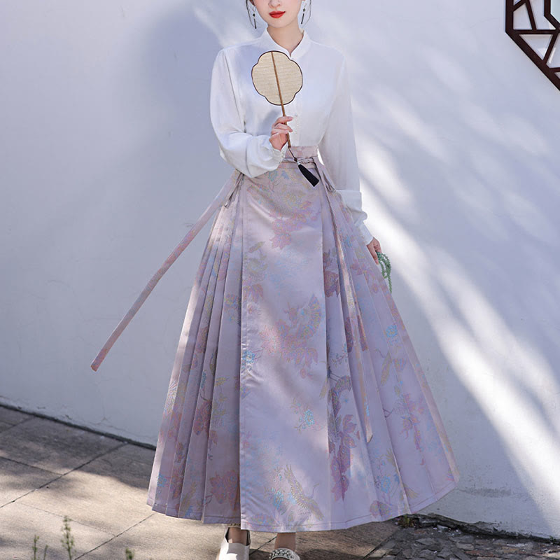 Mythstone Chinese Hanfu Pink Flying Crane Printed Horse Face Skirt Mamianqun