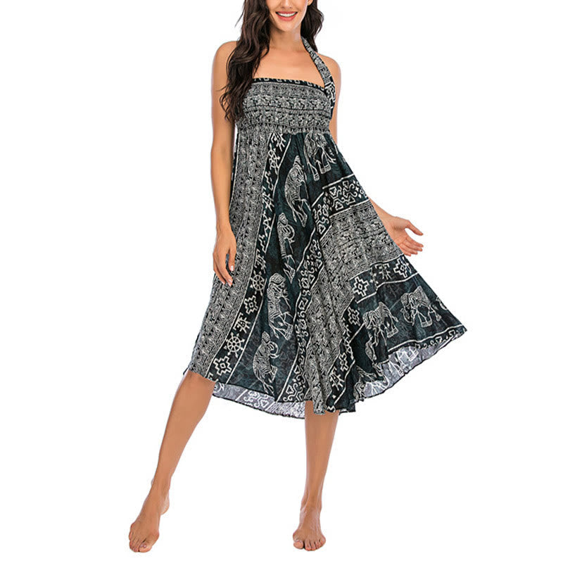 Mythstone Two Style Wear Boho Elephant Geometry Lace-up Skirt Dress