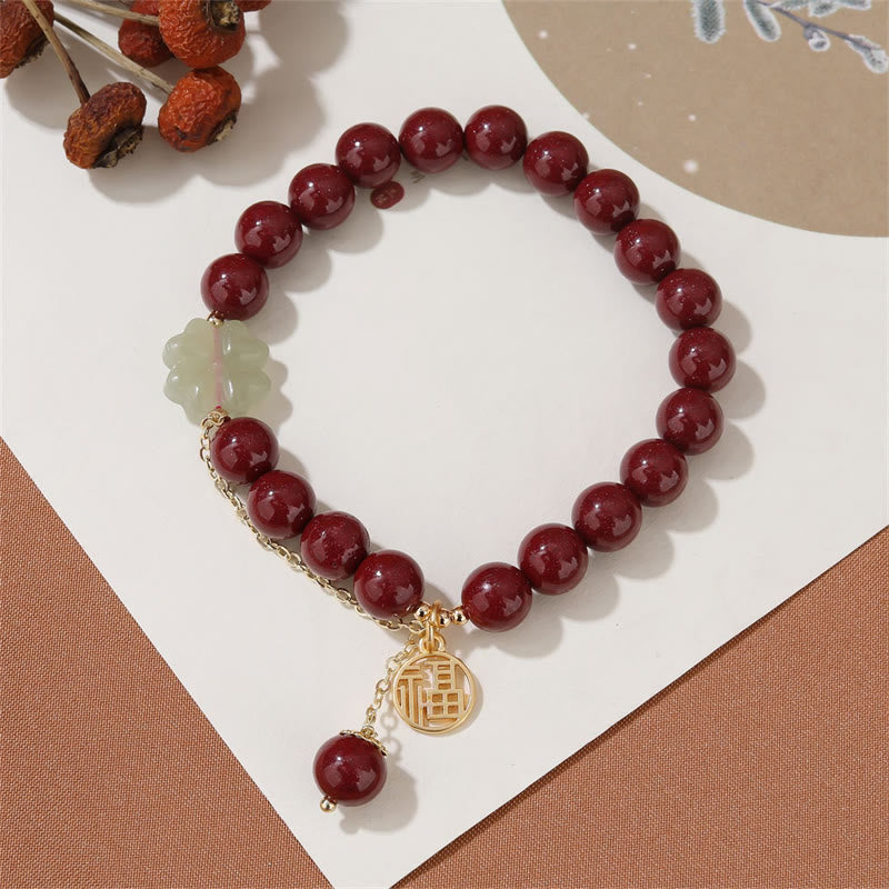 Mythstone Cinnabar Fu Character Hetian Jade Lucky Four Leaf Clover Blessing Bracelet