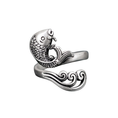 Mythstone 925 Sterling Silver Koi Fish Water Ripple Luck Wealth Ring