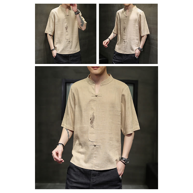 Mythstone Frog-Button Phoenix Embroidery Chinese Tang Suit Short Sleeve Shirt Cotton Linen Men Clothing