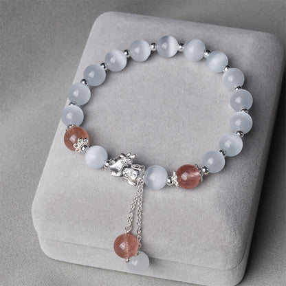 Mythstone Natural Cat's Eye Moonstone Strawberry Quartz PiXiu Support Bracelet