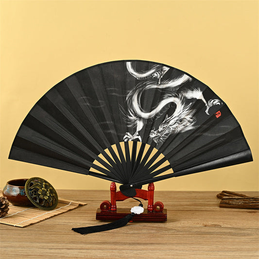 Mythstone Dragon Phoenix Tiger Crane Eagle Wolf Koi Fish Handheld Folding Fan Lotus Tassel Fan