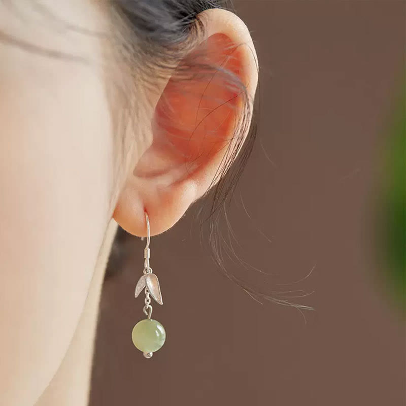 Mythstone 999 Sterling Silver Hetian Jade Bead Bamboo Leaf Luck Drop Dangle Earrings