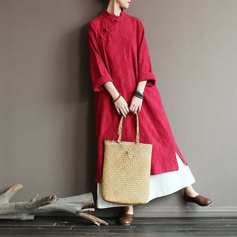 Mythstone Flower Jacquard Midi Dress Long Sleeve Cotton Linen Dress Wide Leg Pants With Pockets