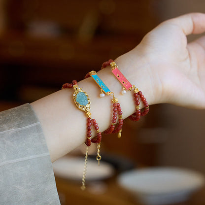 Pulsera de doble capa con ágata roja natural, jade y loto bañada en oro y plata de ley 925 de Mythstone 