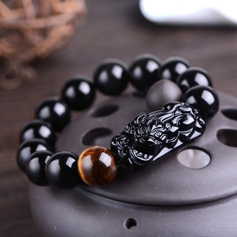 Pulsera de fuerza de ojo de tigre PiXiu con obsidiana negra natural Mythstone 