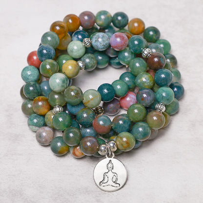 Mythstone 108 Mala Beads Indian Agate Lotus OM Buddha Tree of life Positive Calm Bracelet