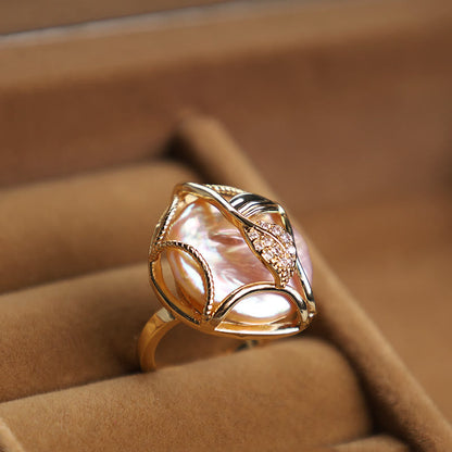 Mythstone Pearl Copper Plated Gold Flower Happiness Wealth Ring