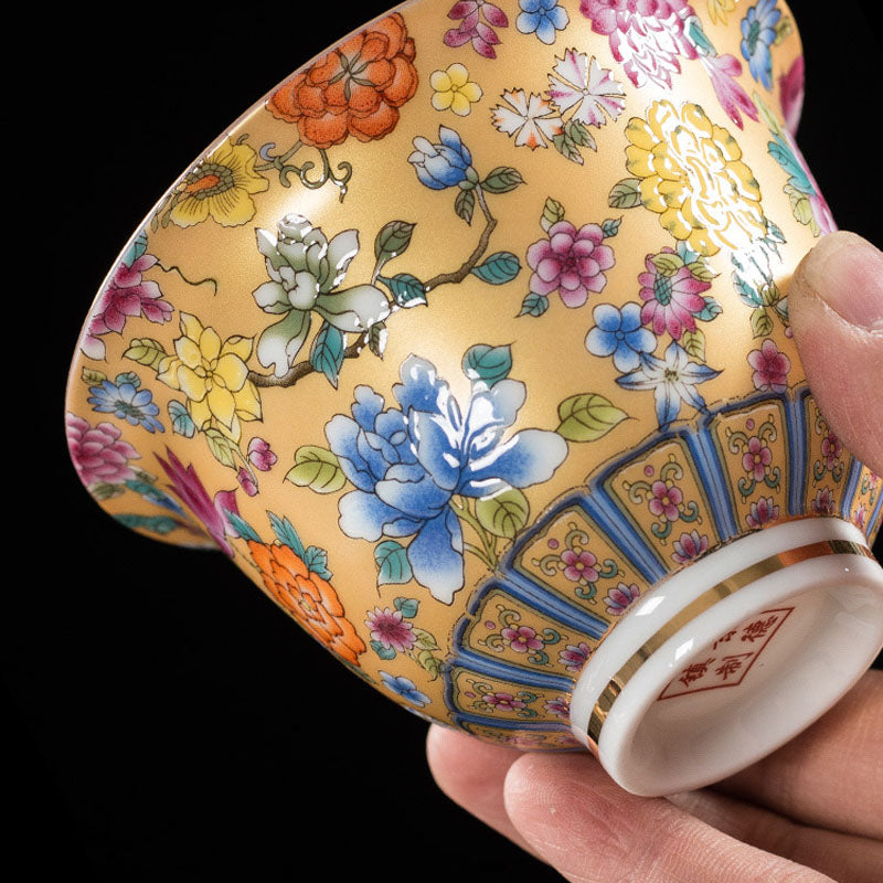 Mythstone Peony Flowers Ceramic Gaiwan Sancai Teacup Kung Fu Tea Cup And Saucer With Lid