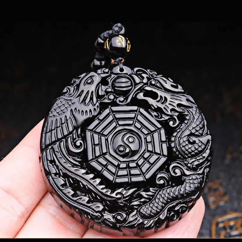 Mythstone Bagua Dragon Phoenix Obsidian Fulfilment Pendant Necklace