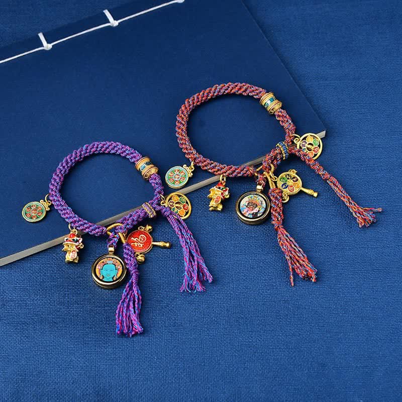 Pulsera trenzada de hilo de la suerte Thangka de la diosa de la riqueza Zakiram de Tara verde tibetana Mythstone 