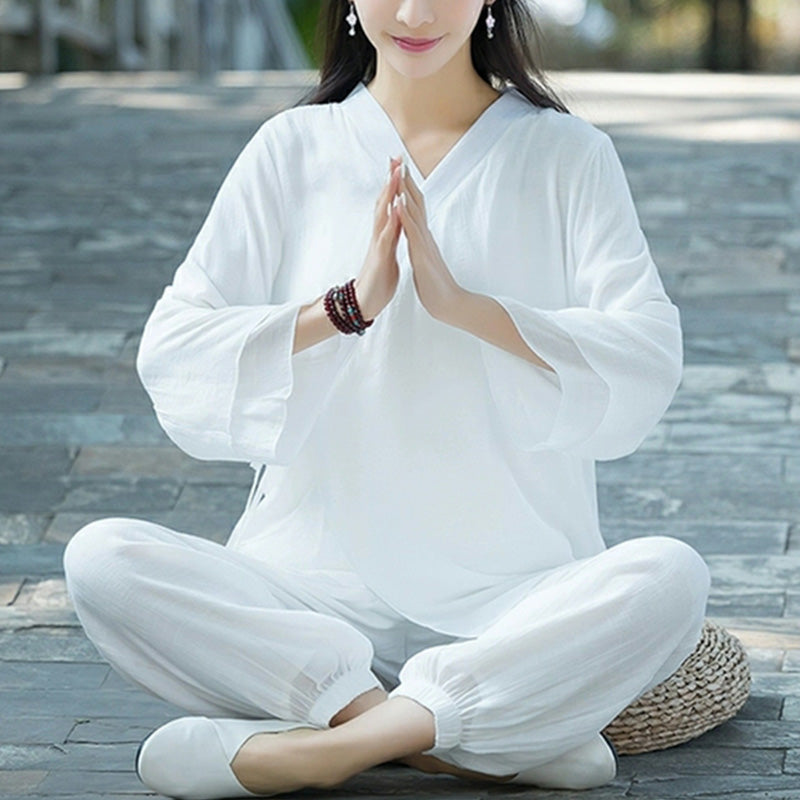 Conjunto de ropa de algodón y lino para yoga Mythstone, uniforme para práctica de meditación y zen para mujer