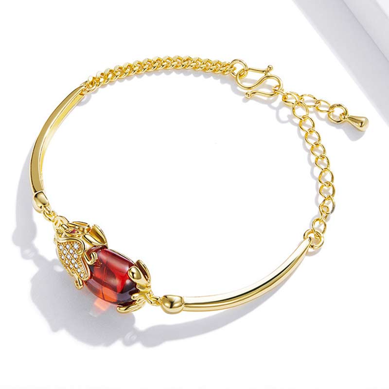 Pulsera de PiXiu de ágata roja dorada y piedra mitológica Feng Shui para la suerte y la riqueza