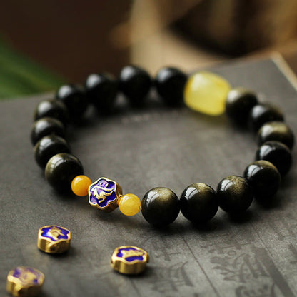 Mythstone 925 Sterling Silver Chinese Zodiac Natal Buddha Natural Gold Sheen Obsidian Amber Wealth Protection Bracelet