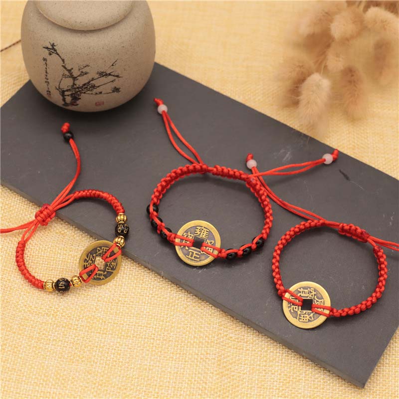 Mythstone Copper Coin Fortune Red String Weave Bracelet