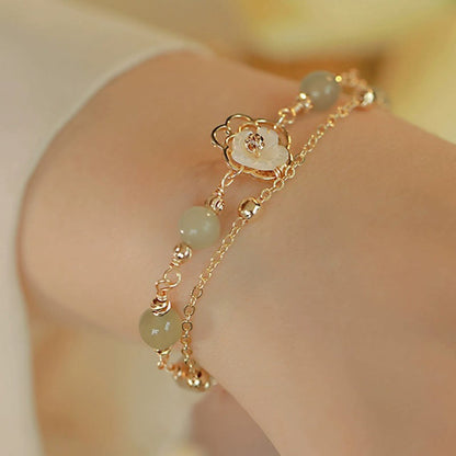 MythStone 14K Gold Plated Jade Butterfly Tridacna Stone Flower Double Layer Luck Bracelet