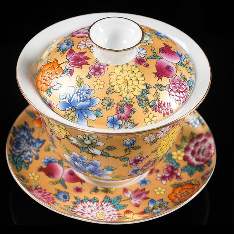 Mythstone Peony Flowers Ceramic Gaiwan Sancai Teacup Kung Fu Tea Cup And Saucer With Lid