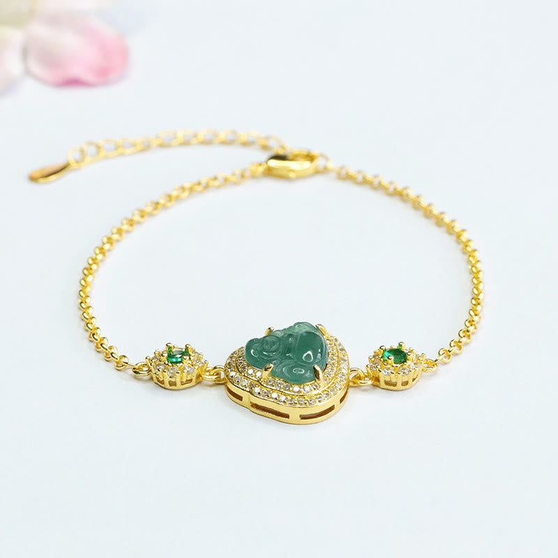 Mythstone Laughing Buddha Green Jade Zircon Luck Chain Bracelet