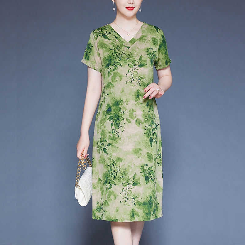 Mythstone V-Neck Green Leaves Flowers Pattern Short Sleeve Midi Dress With Pockets