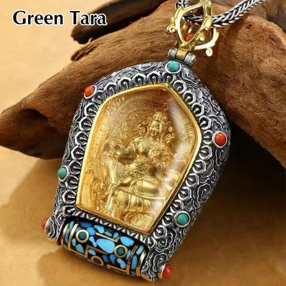 Mythstone Tibet Chinese Zodiac Natal Buddha Thangka Prosperity Rotatable Dzi Bead Necklace Pendant