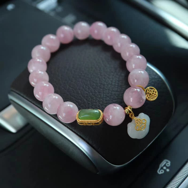 Mythstone 925 Sterling Silver Natural Madagascar Rose Quartz Hetian Jade Wish Lock Peace Bracelet