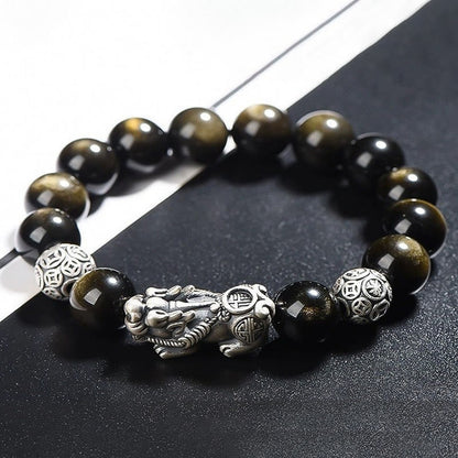 Mythstone 925 Sterling Silver Natural Gold Sheen Obsidian PiXiu Wealth Protection Bracelet